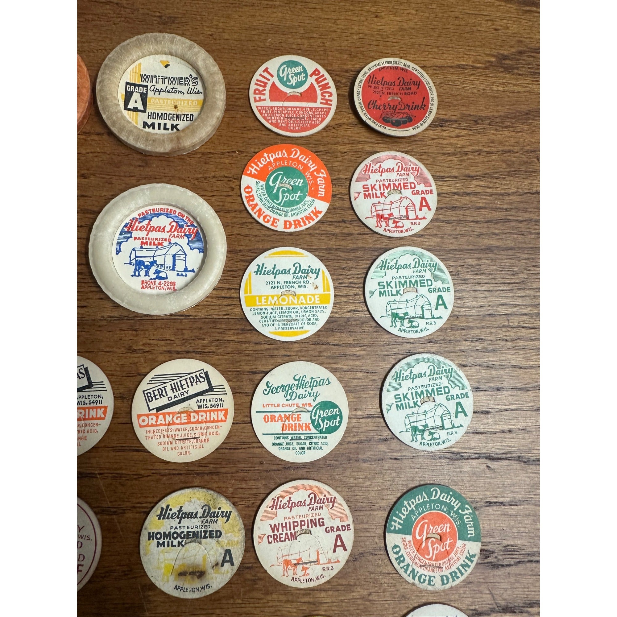 Vintage Appleton Wisconsin Collection of Milk Bottle Dairy Caps Covers