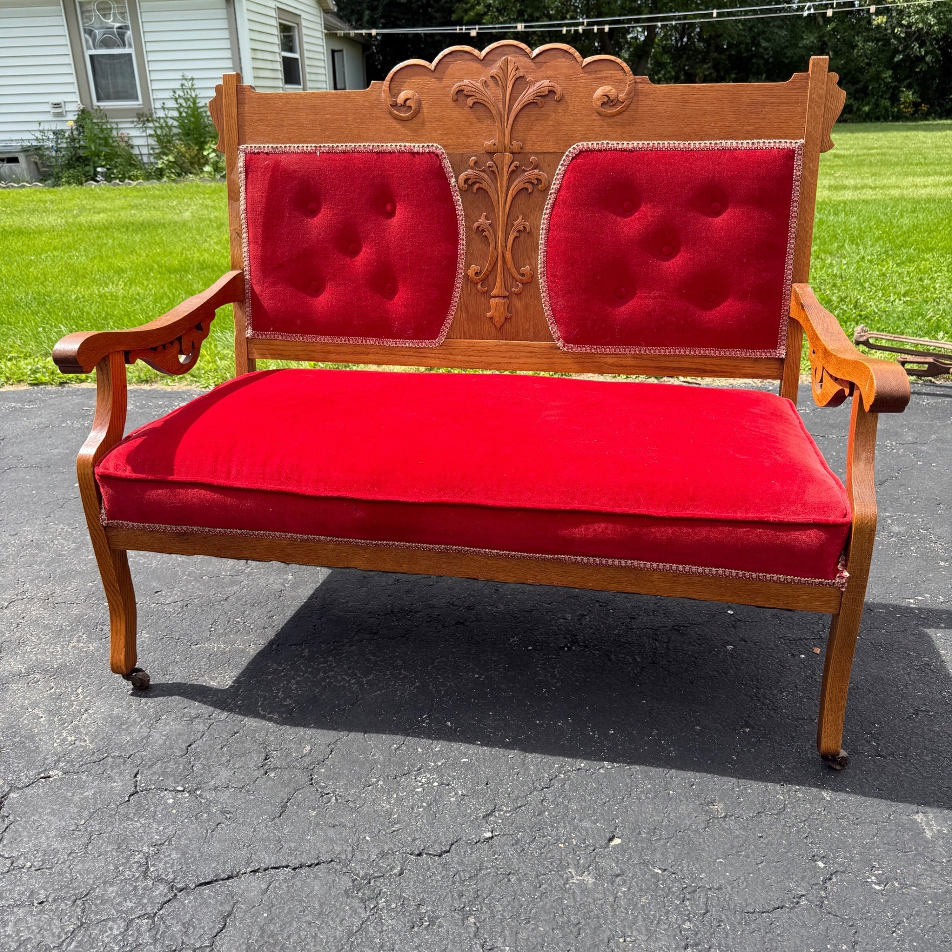 Antique Victorian Eastlake Red Settee Bench Chair