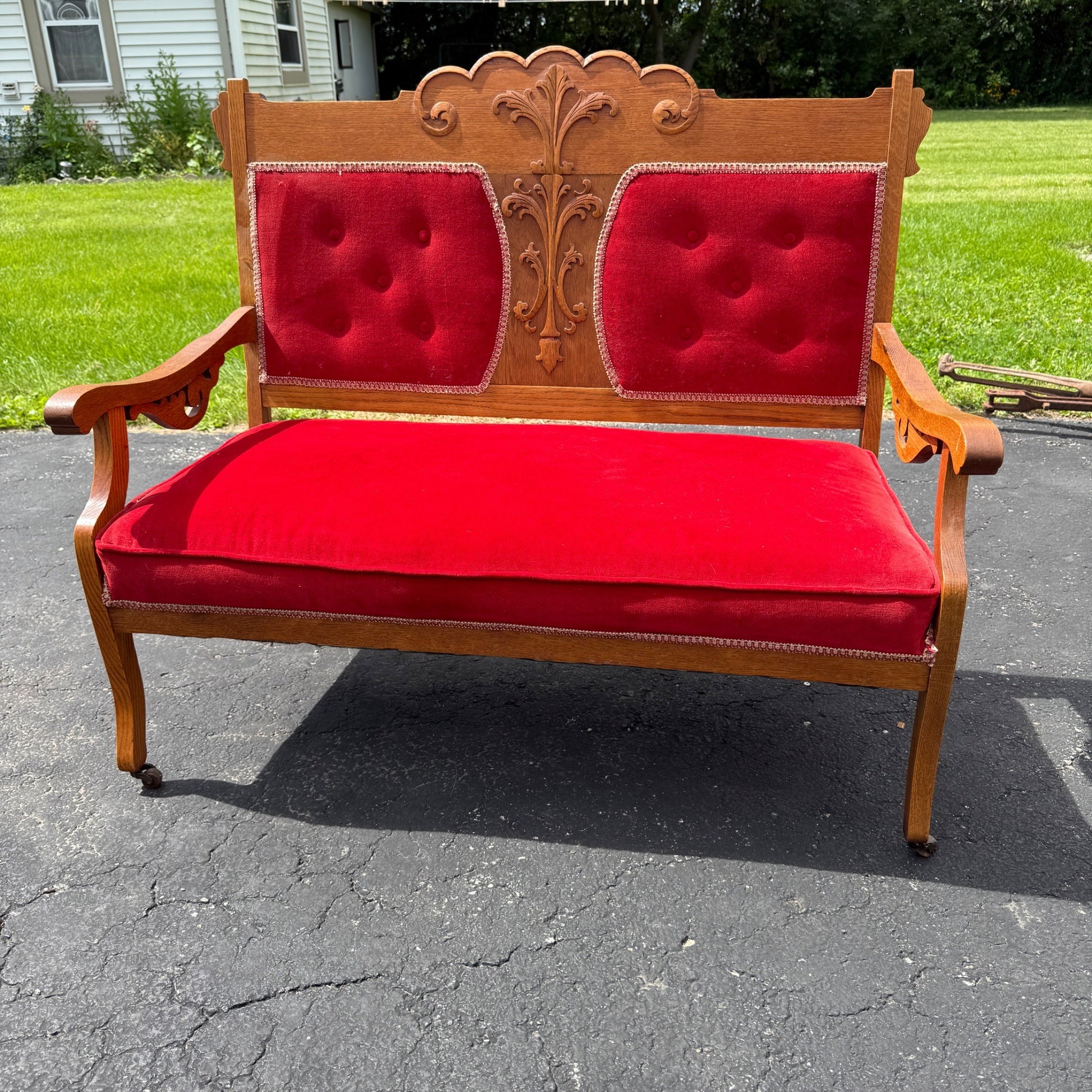 Antique Victorian Eastlake Red Settee Bench Chair