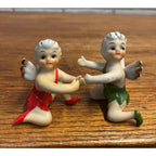 (2) Vintage Porcelain Red & Green Fairy Pixie Elf Angel Girl Candle Hugger Japan
