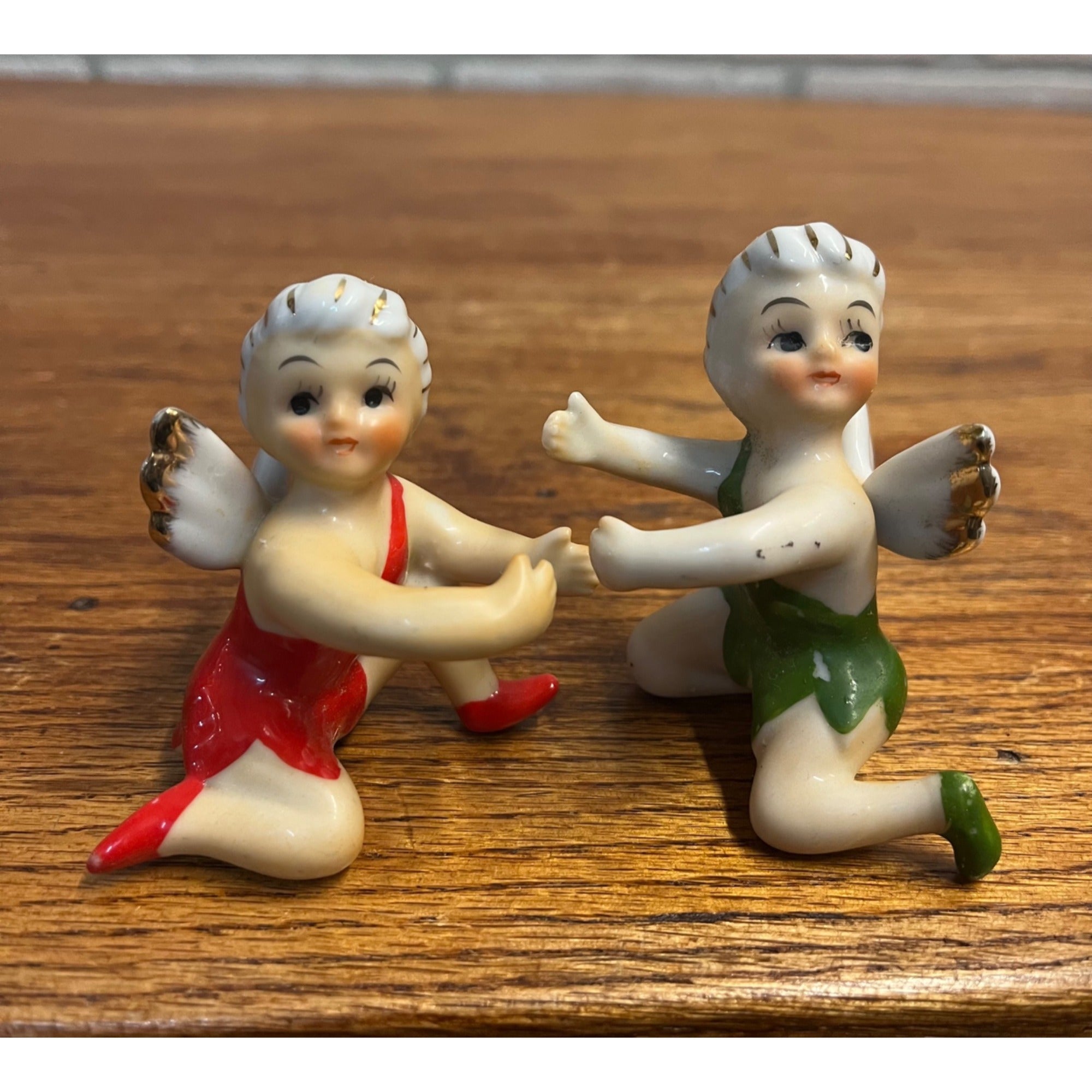 (2) Vintage Porcelain Red & Green Fairy Pixie Elf Angel Girl Candle Hugger Japan