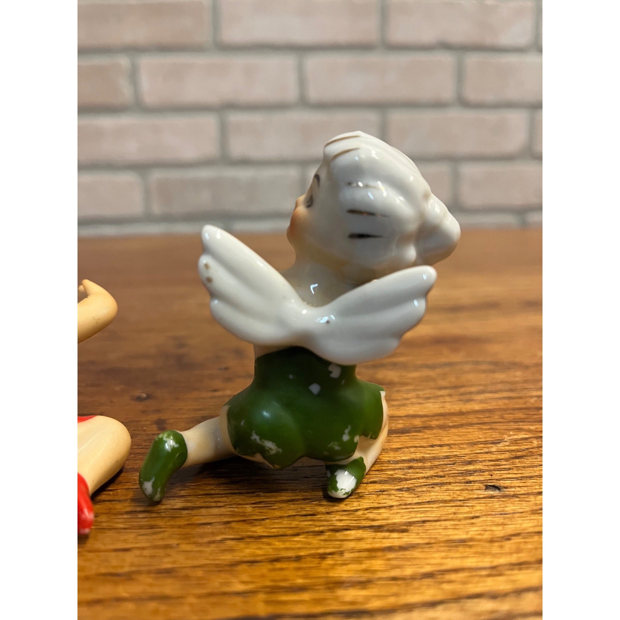 (2) Vintage Porcelain Red & Green Fairy Pixie Elf Angel Girl Candle Hugger Japan