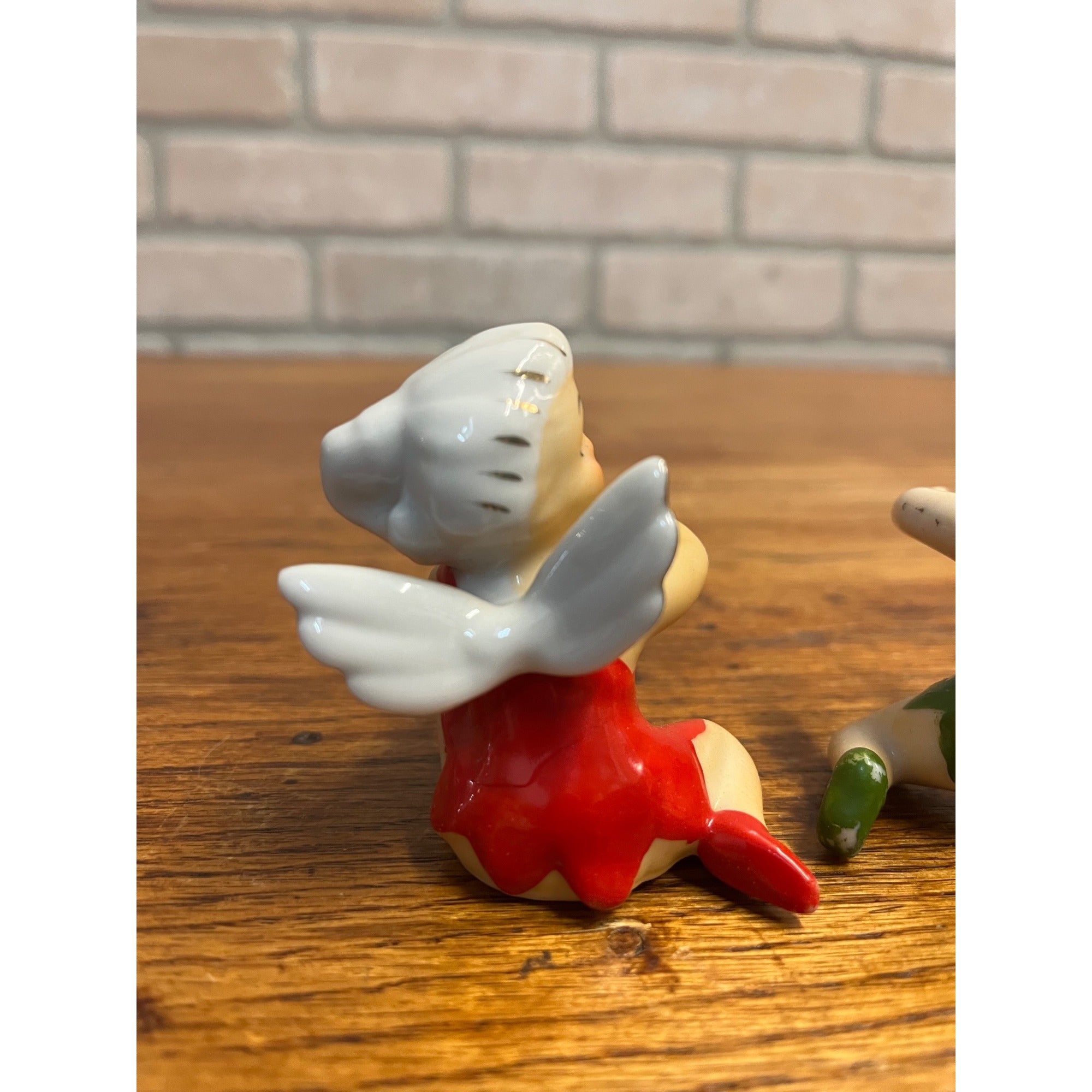 (2) Vintage Porcelain Red & Green Fairy Pixie Elf Angel Girl Candle Hugger Japan