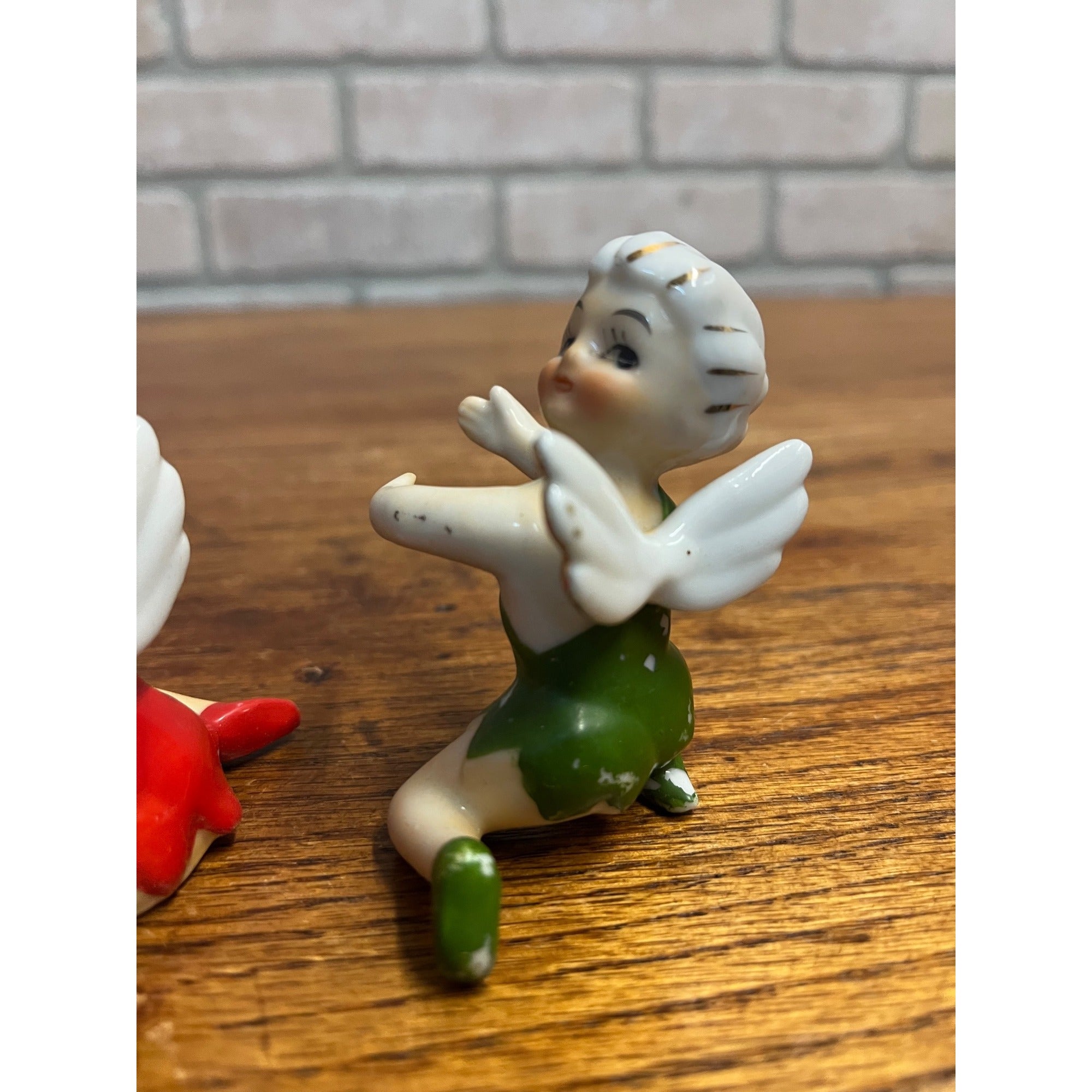 (2) Vintage Porcelain Red & Green Fairy Pixie Elf Angel Girl Candle Hugger Japan