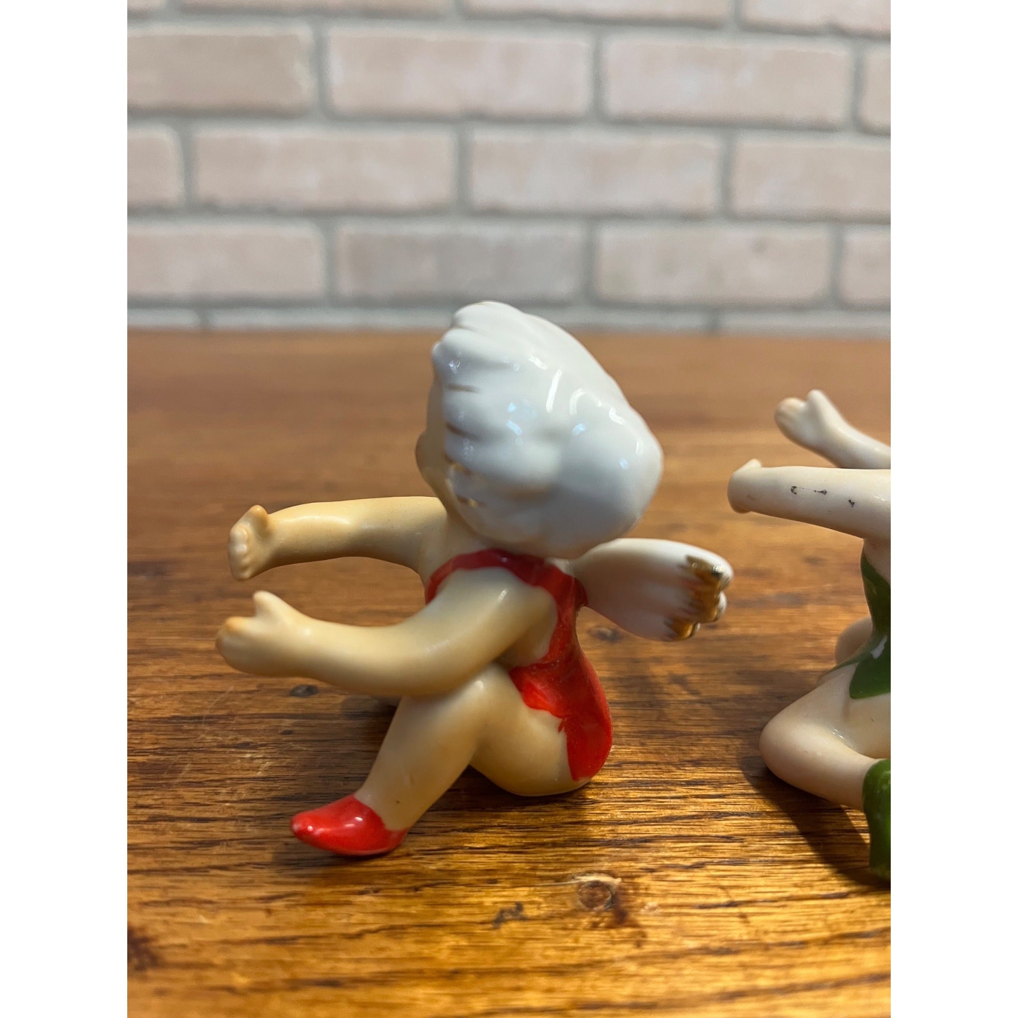 (2) Vintage Porcelain Red & Green Fairy Pixie Elf Angel Girl Candle Hugger Japan