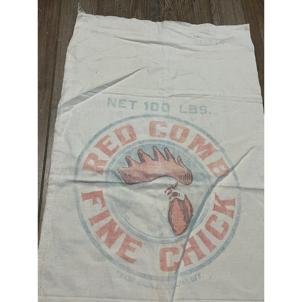 Vintage Red Comb Fine Chick Poultry Feed Bag Cloth Sack Farm Advertising