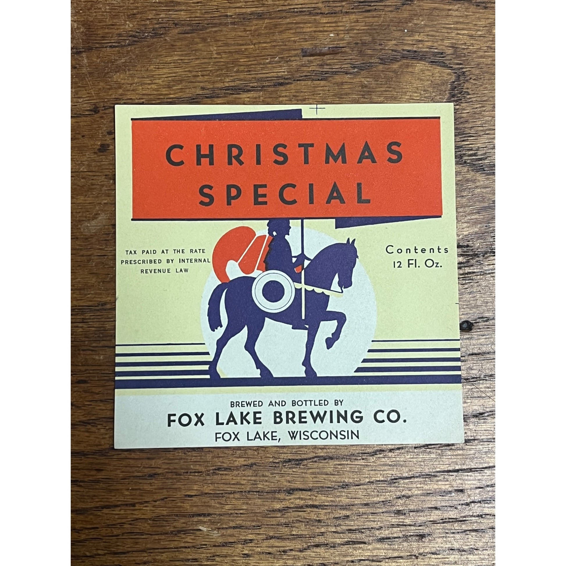 Vintage Fox Lake Brewing Co. Wisconsin Christmas IRTP Paper Beer Bottle Label 12oz