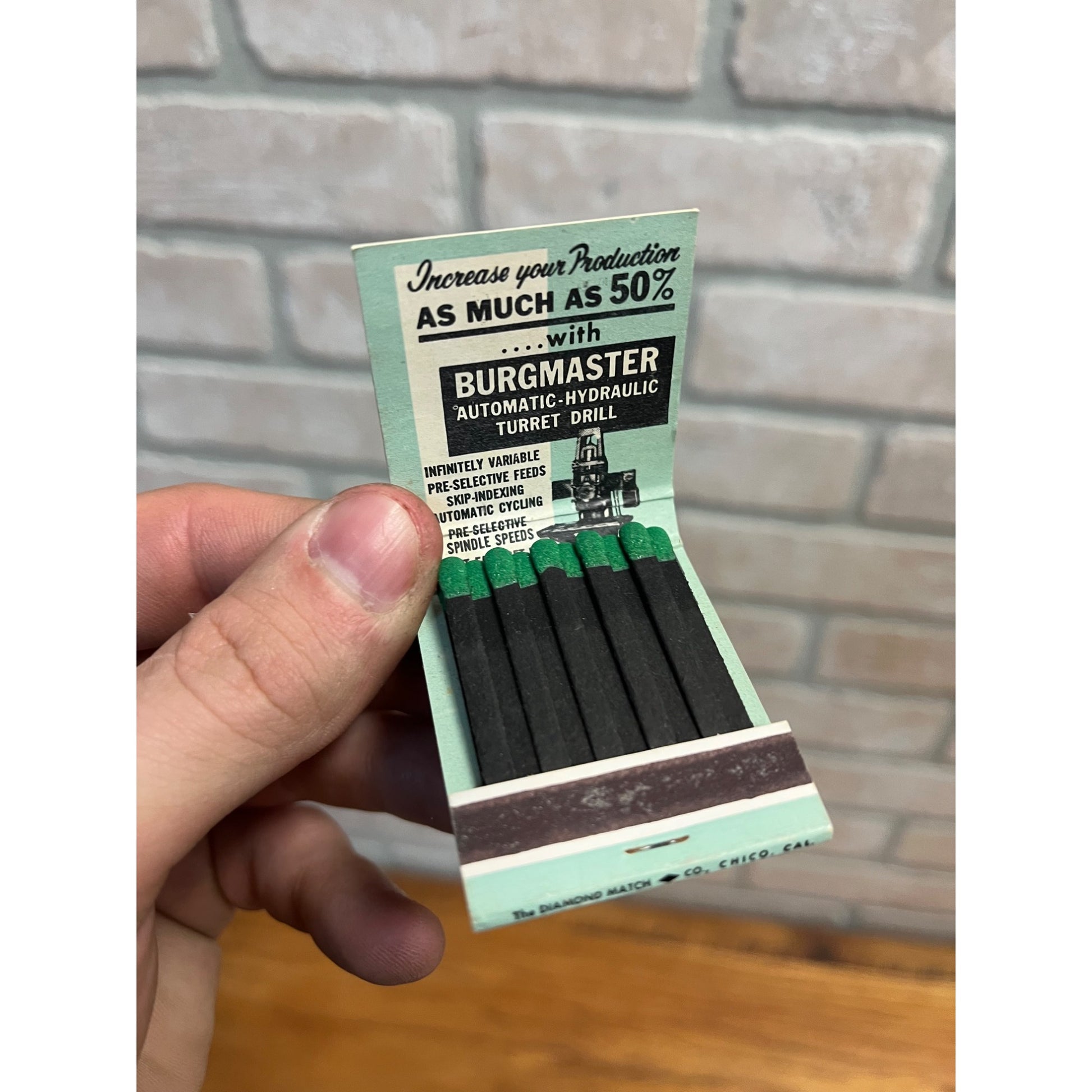 Vintage Burgmaster Matchbook Full Unused Burg Toll Mfg Co. Drills Los Angeles