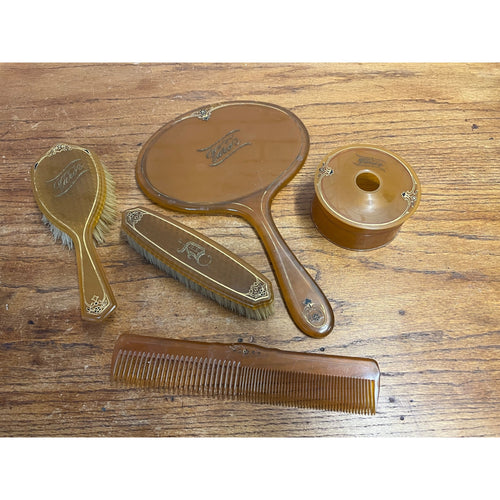 Vintage 1930s "Varo" Orange Celluloid Dresser Vanity Set 5pc Mirror Brushes Comb