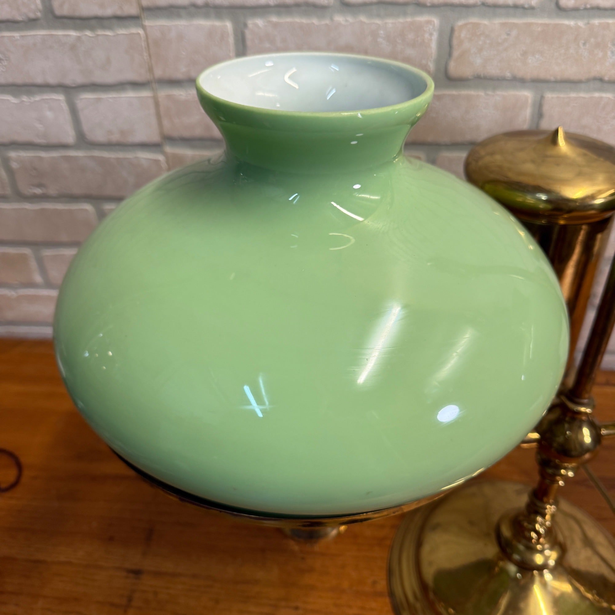 Antique Victorian Brass Double Student Lamp Base with Center Tank & Green Shades