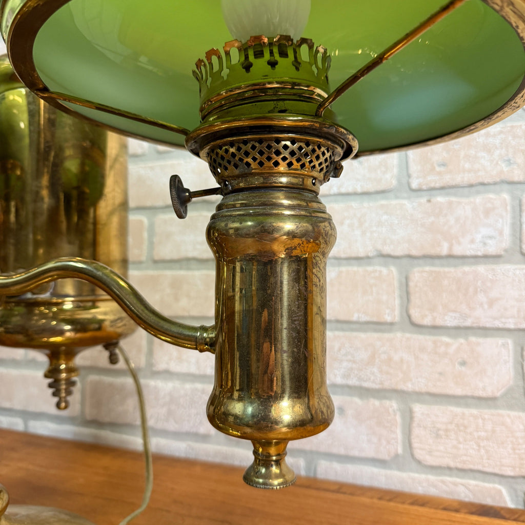 Antique Victorian Brass Double Student Lamp Base with Center Tank & Green Shades