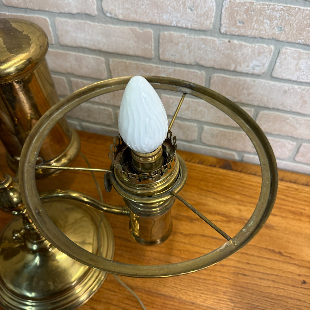 Antique Victorian Brass Double Student Lamp Base with Center Tank & Green Shades