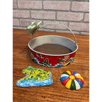 Vintage Ohio Art Tin Litho Toy Beach Set Sand Sifter + Frog & Beach Ball Mold