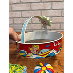 Vintage Ohio Art Tin Litho Toy Beach Set Sand Sifter + Frog & Beach Ball Mold