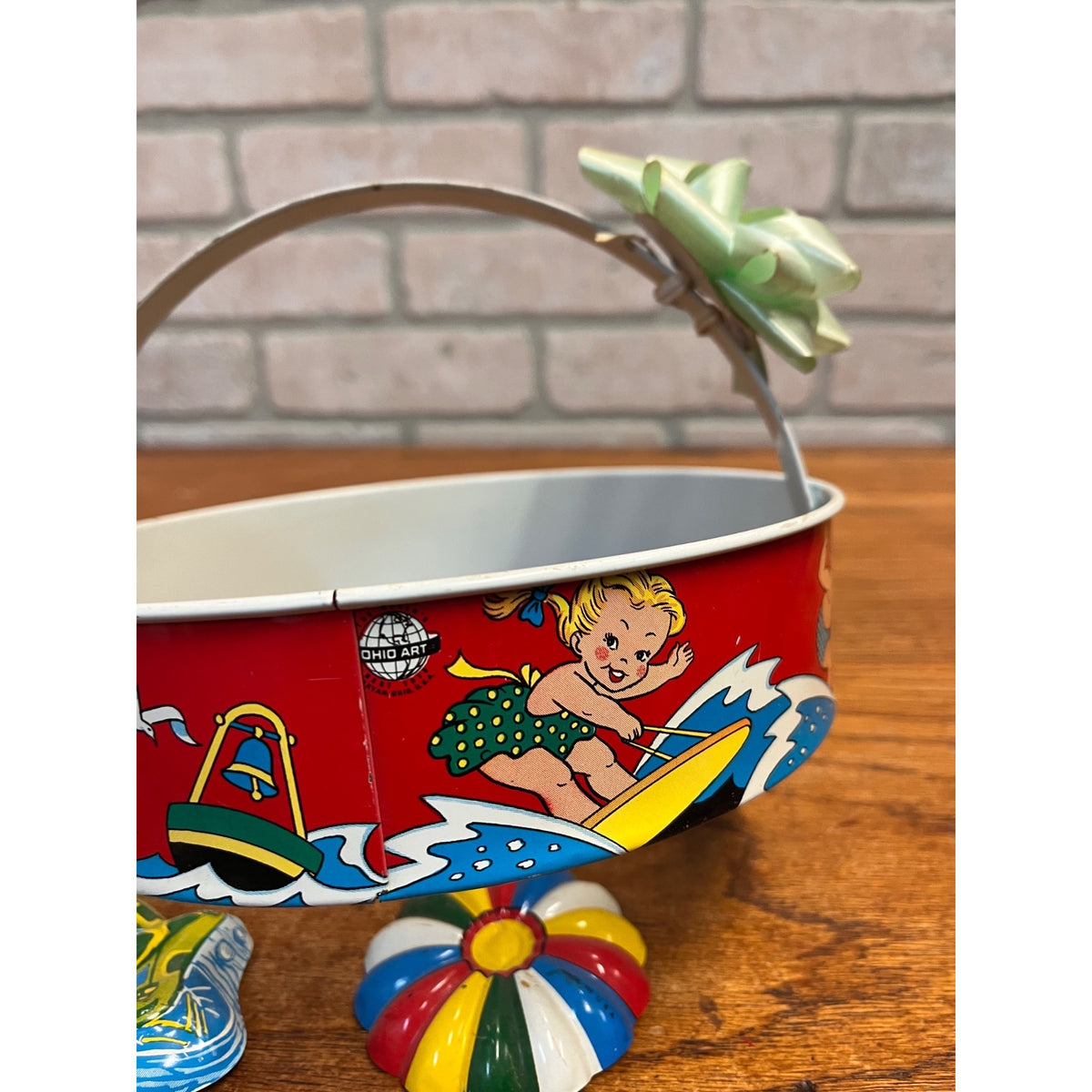 Vintage Ohio Art Tin Litho Toy Beach Set Sand Sifter + Frog & Beach Ball Mold