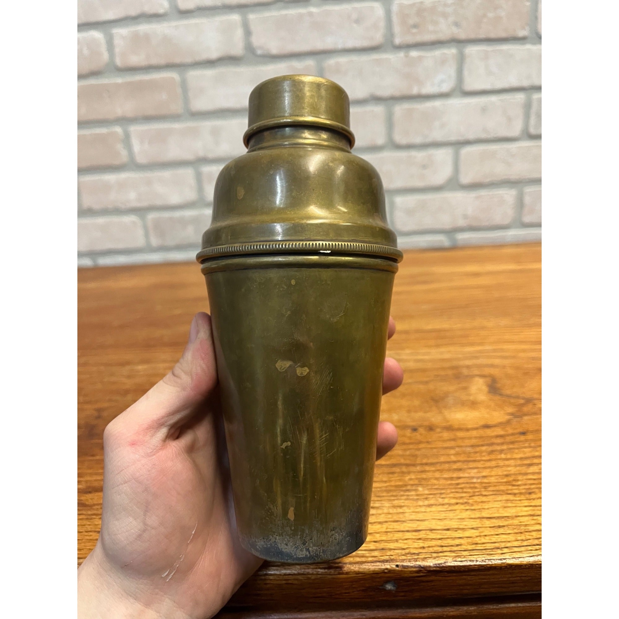 Antique EARLY 1900s Cocktail Shaker Barware Brass on Silver Plate Vintage 8"