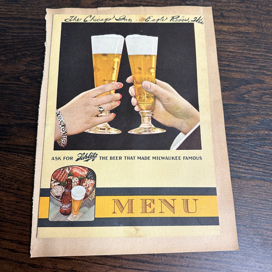 1930s Chicago Inn Eagle River Wisconsin Schlitz Beer Advetising Menu Scarce