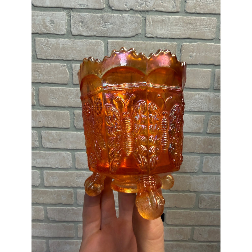 Fenton Marigold Carnival Glass Butterfly and Berry Spooner Sugar Bowl Dish Mid Century