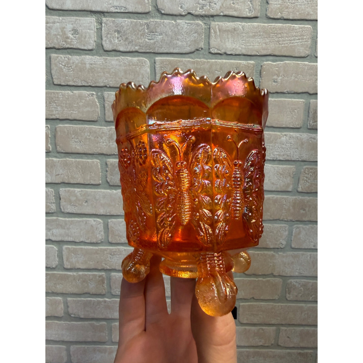 Fenton Marigold Carnival Glass Butterfly and Berry Spooner Sugar Bowl Dish Mid Century