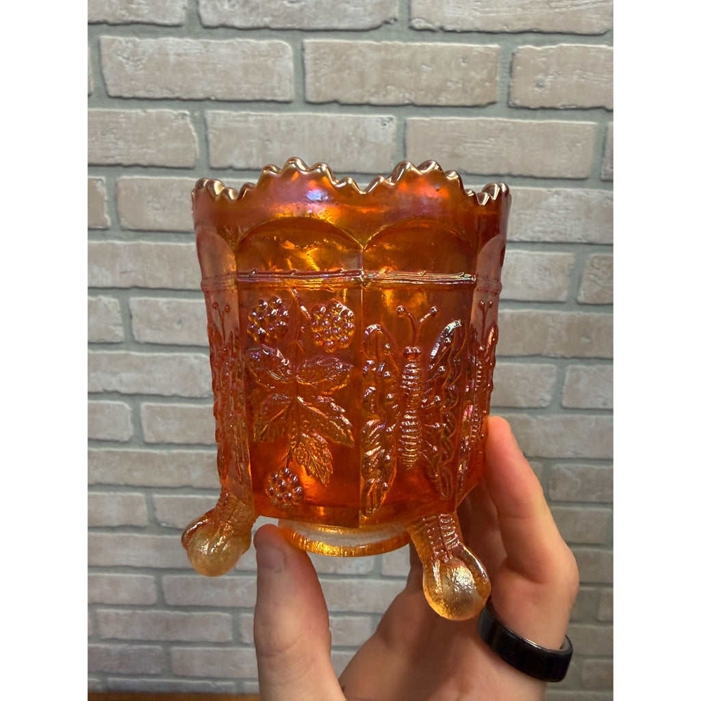Fenton Marigold Carnival Glass Butterfly and Berry Spooner Sugar Bowl Dish Mid Century