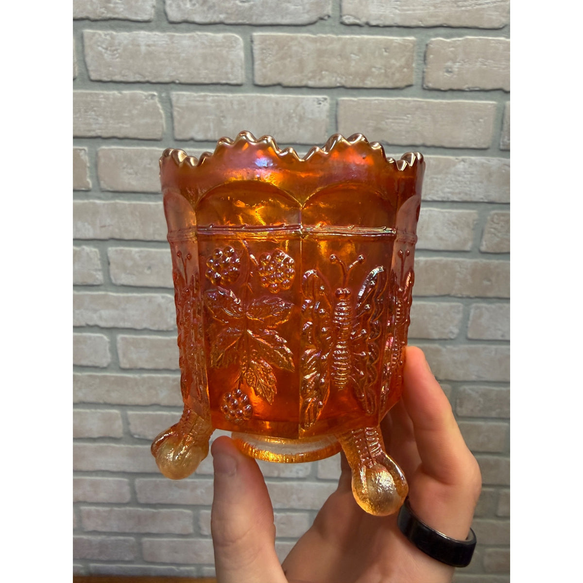 Fenton Marigold Carnival Glass Butterfly and Berry Spooner Sugar Bowl Dish Mid Century