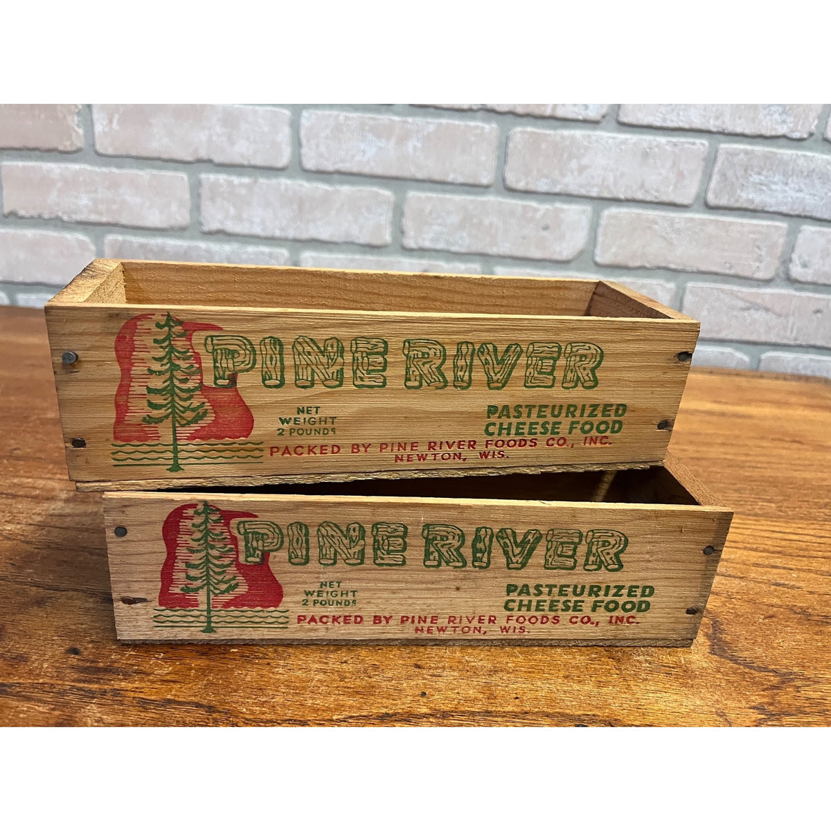 Vintage Pine River Wooden Cheese Boxes Lot (2) Newton Wis 2lb Country Kitchen Decor