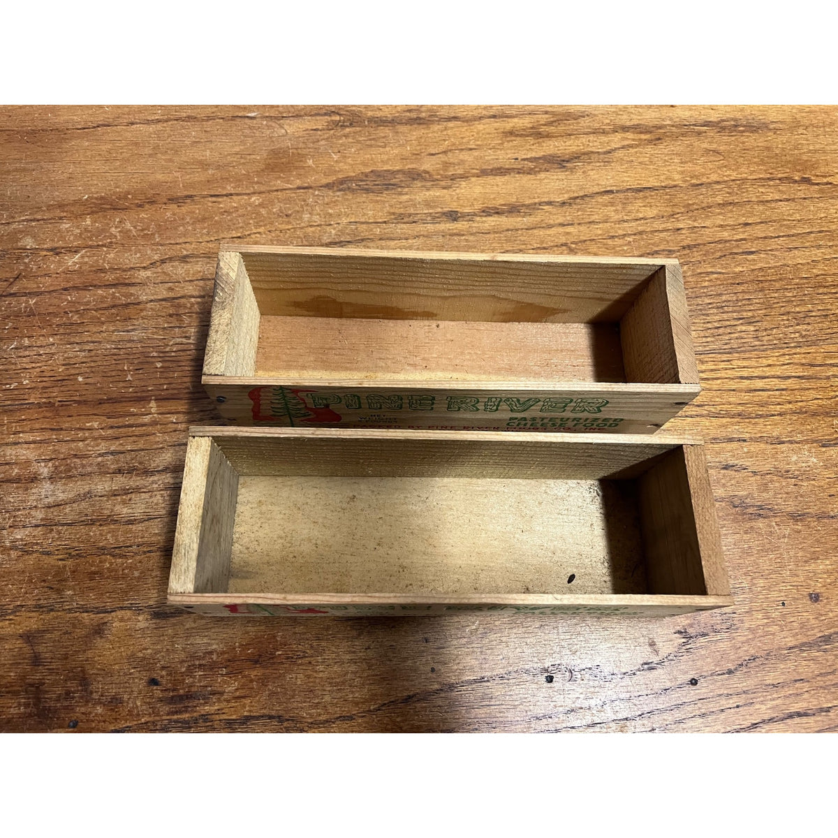 Vintage Pine River Wooden Cheese Boxes Lot (2) Newton Wis 2lb Country Kitchen Decor