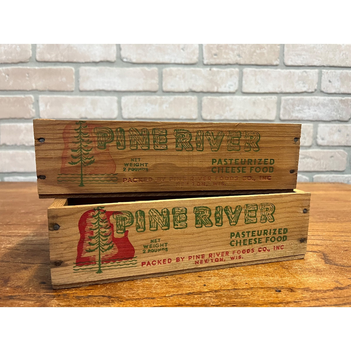Vintage Pine River Wooden Cheese Boxes Lot (2) Newton Wis 2lb Country Kitchen Decor
