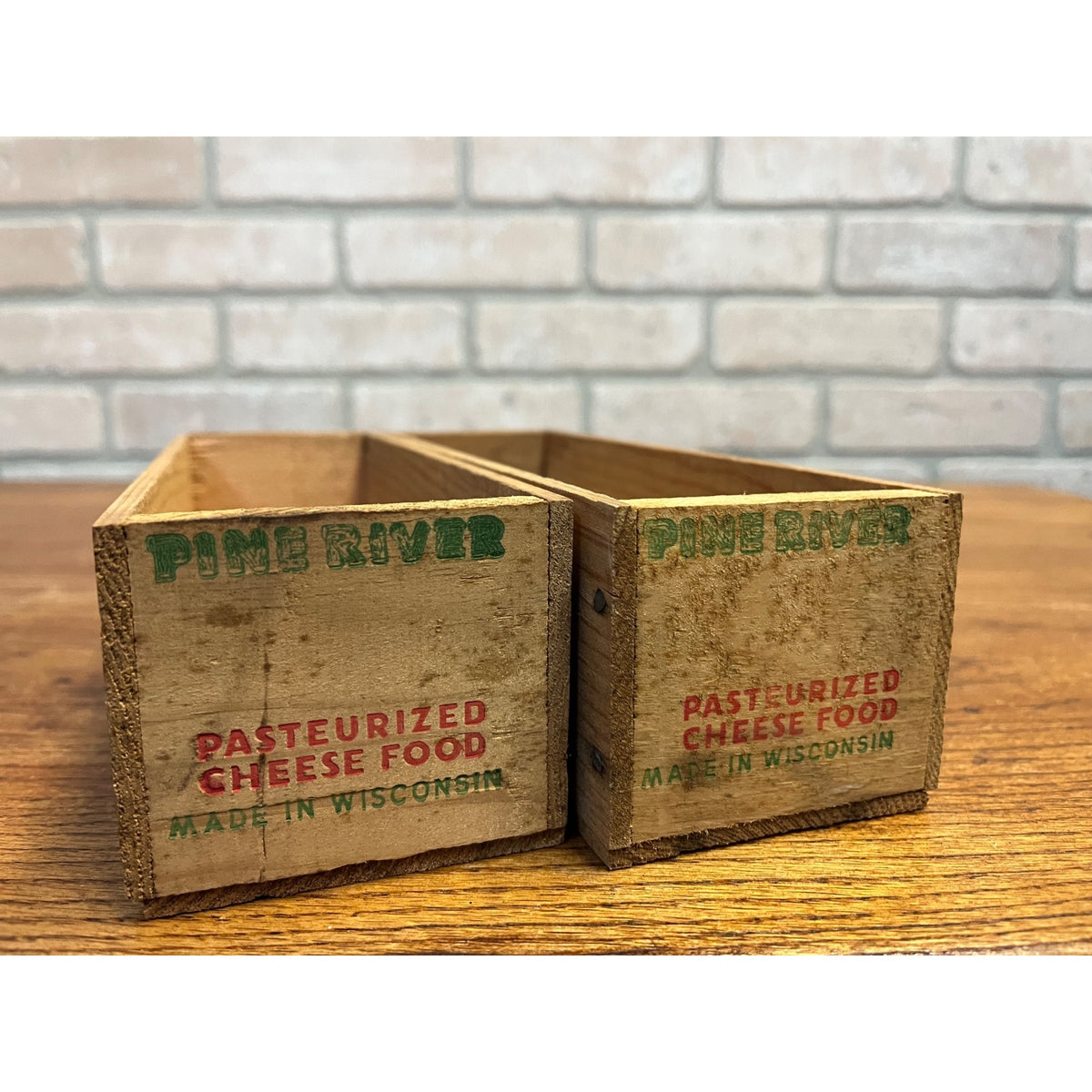 Vintage Pine River Wooden Cheese Boxes Lot (2) Newton Wis 2lb Country Kitchen Decor