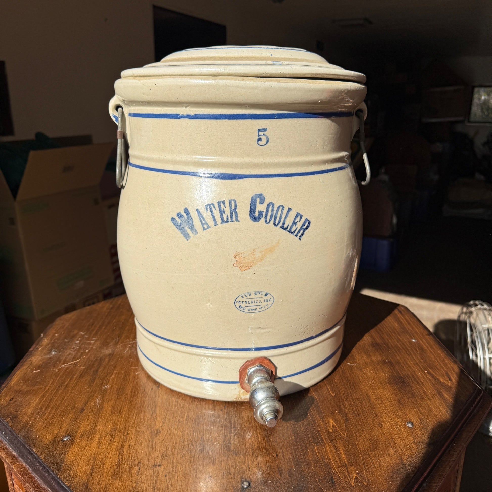 Antique Red Wing Stoneware 5 Gallon Water Cooler Jug Dispenser w/ Lid
