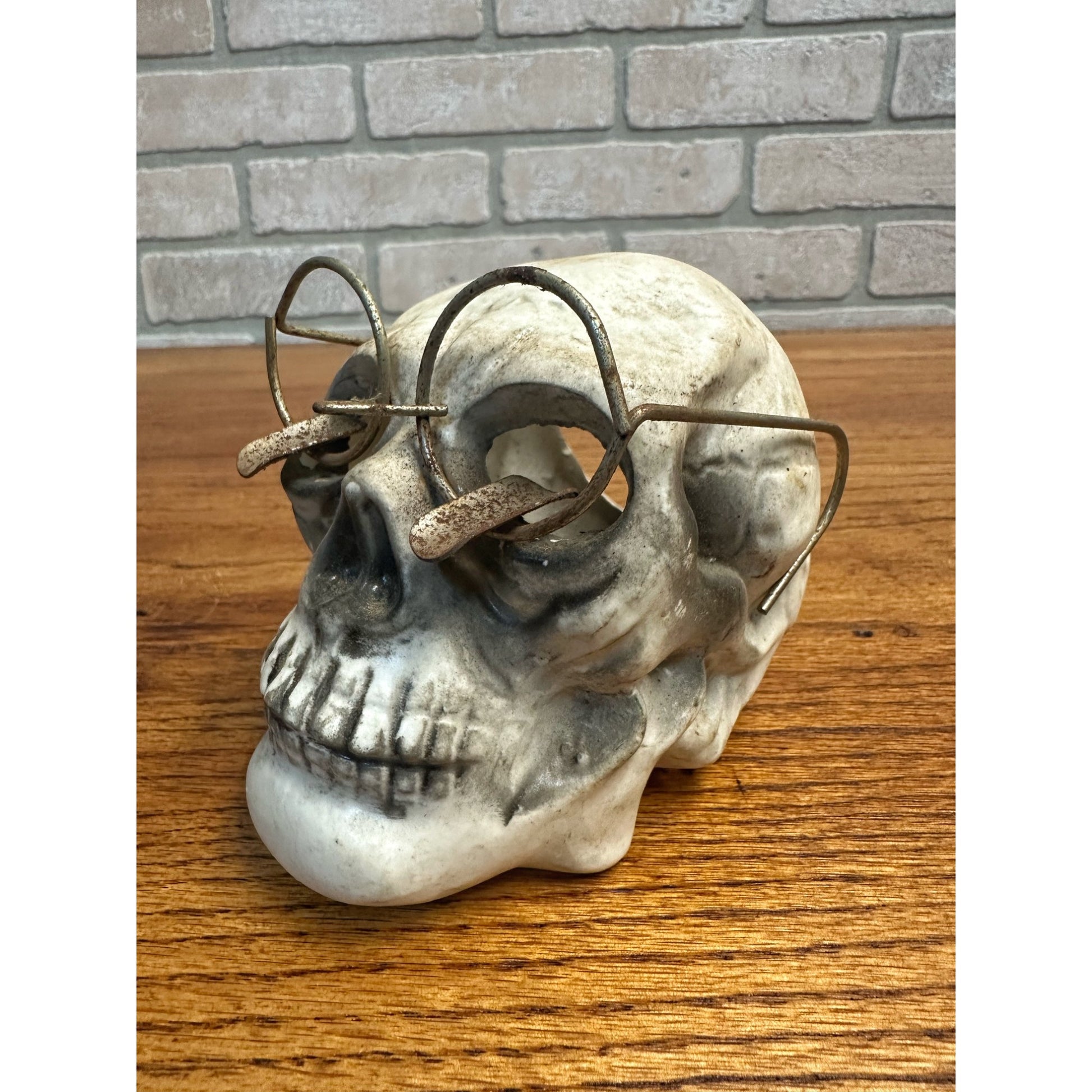 Vintage Halloween Skull w/ Glasses Ashtray Halloween Bisque Japan Cigarette Holder