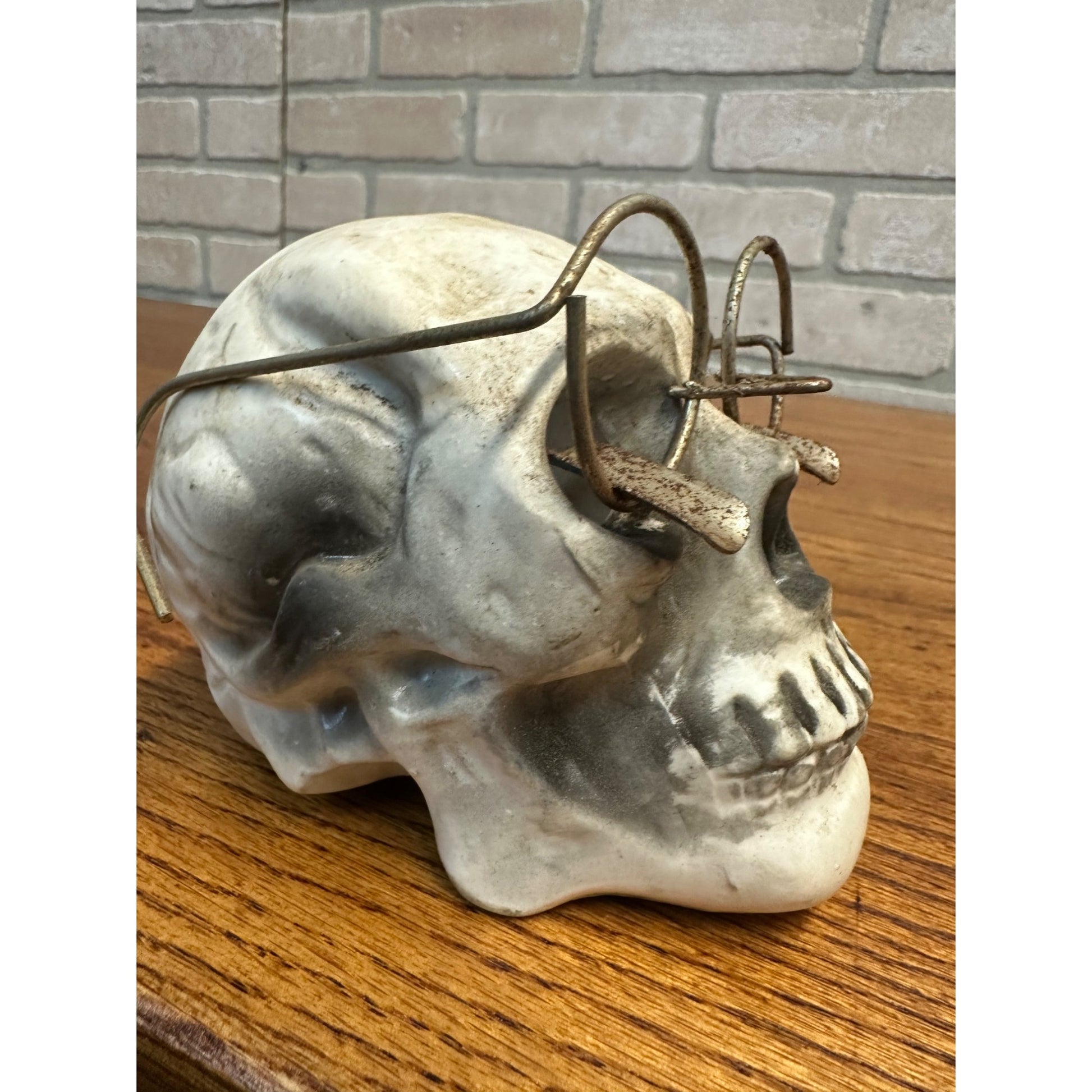 Vintage Halloween Skull w/ Glasses Ashtray Halloween Bisque Japan Cigarette Holder