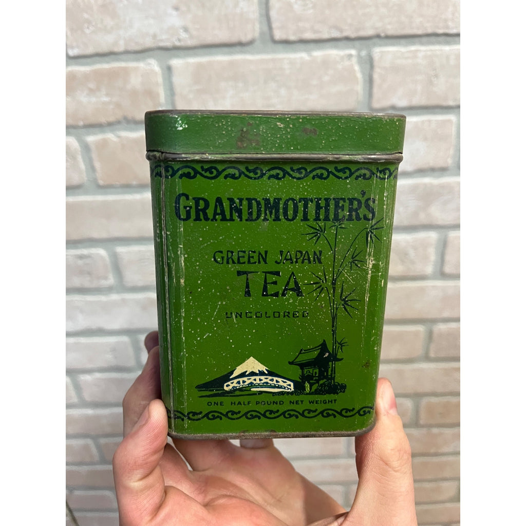 Vintage Antique Grandmother's Green Japan Tea One Half Pound Tin WITH LOOSE TEA