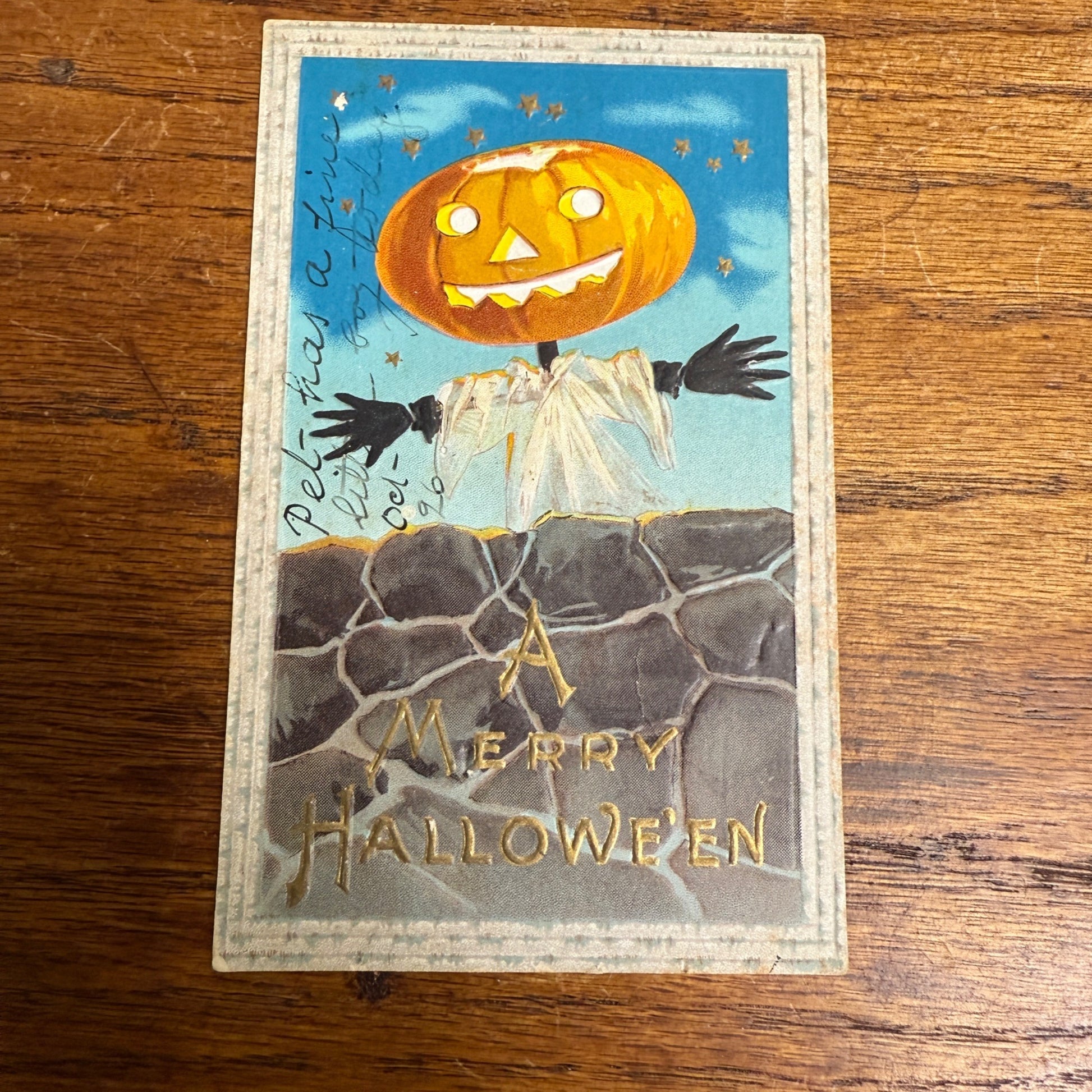 Vintage 1913 Merry Halloween Postcard JOL Scarecrow Anthropomorphic