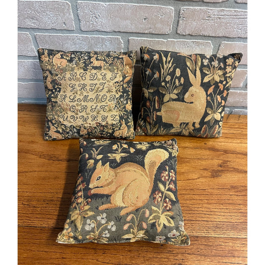 Vintage French Medieval Tapestry Floral Cushion 8"x8" Pillows (3) Rabbit, Squirrel Alphabet