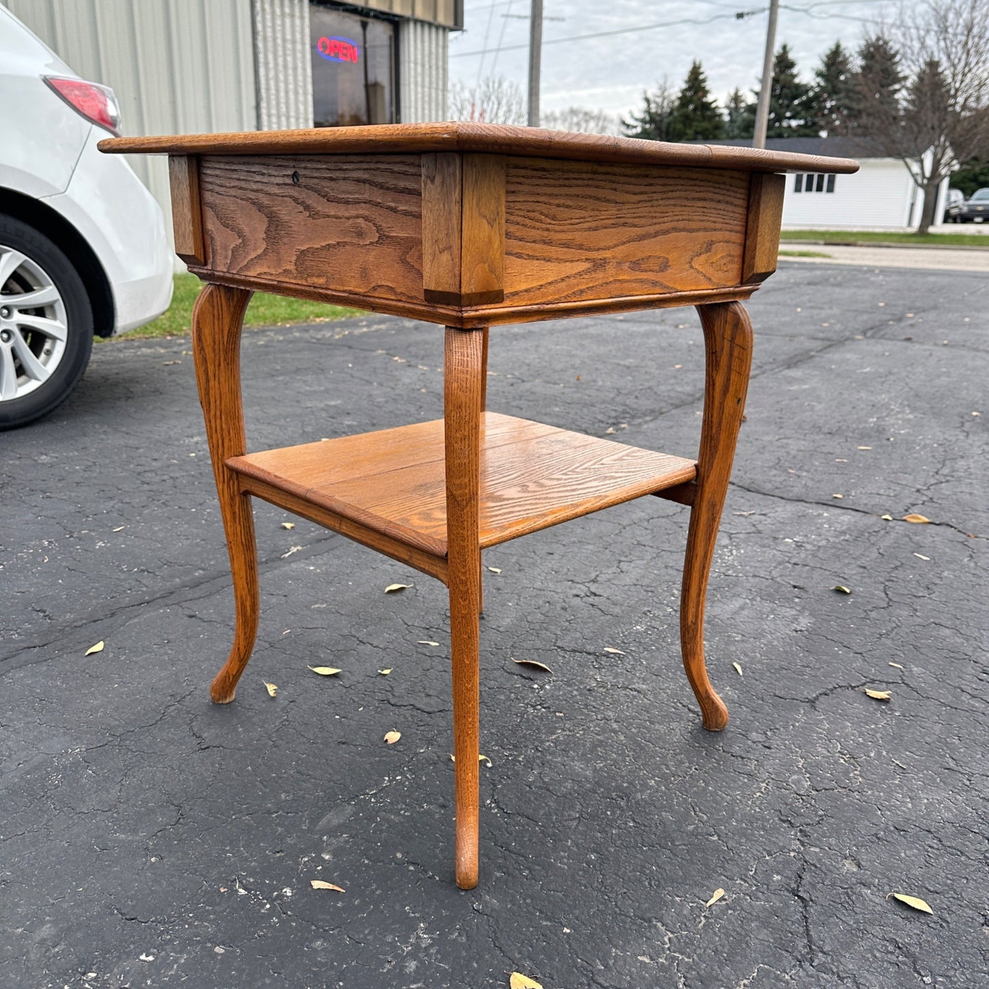 Antique Oak Wooden Square Two-Tier Parlor Side Table