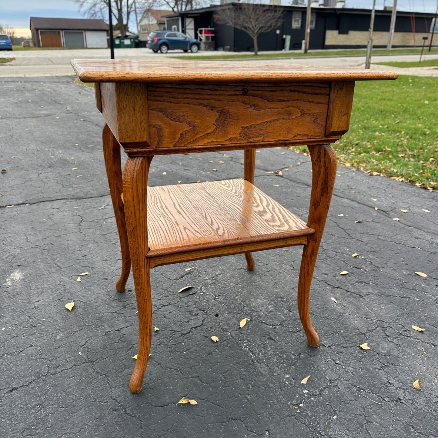 Antique Oak Wooden Square Two-Tier Parlor Side Table