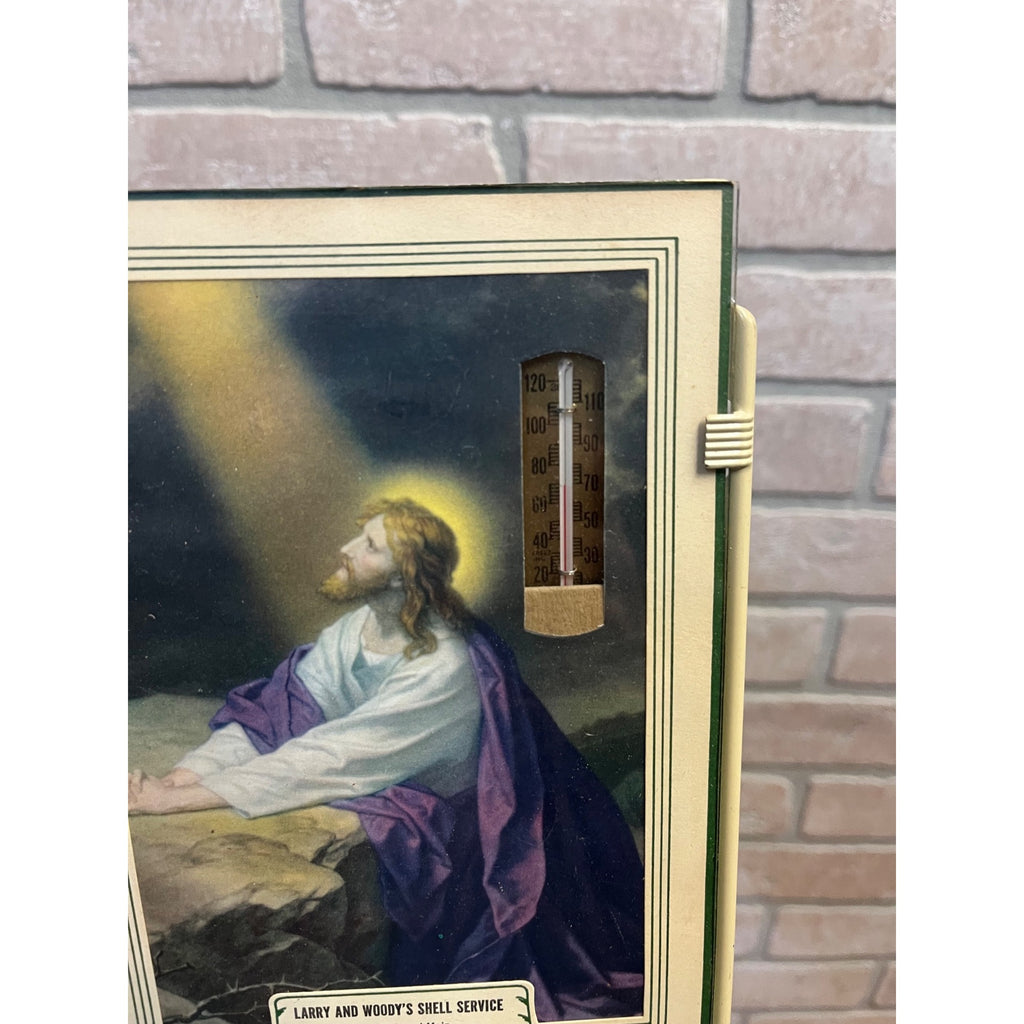 Vintage Larry & Woody's Shell Service Advertising Thermometer Religious