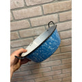Antique Primitive Blue & White Swirl Enamelware Bowl Double Handle Farmhouse Decor