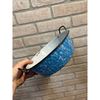 Antique Primitive Blue & White Swirl Enamelware Bowl Double Handle Farmhouse Decor