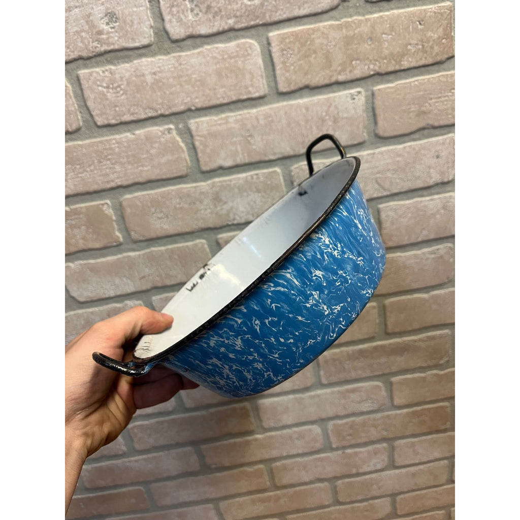 Antique Primitive Blue & White Swirl Enamelware Bowl Double Handle Farmhouse Decor
