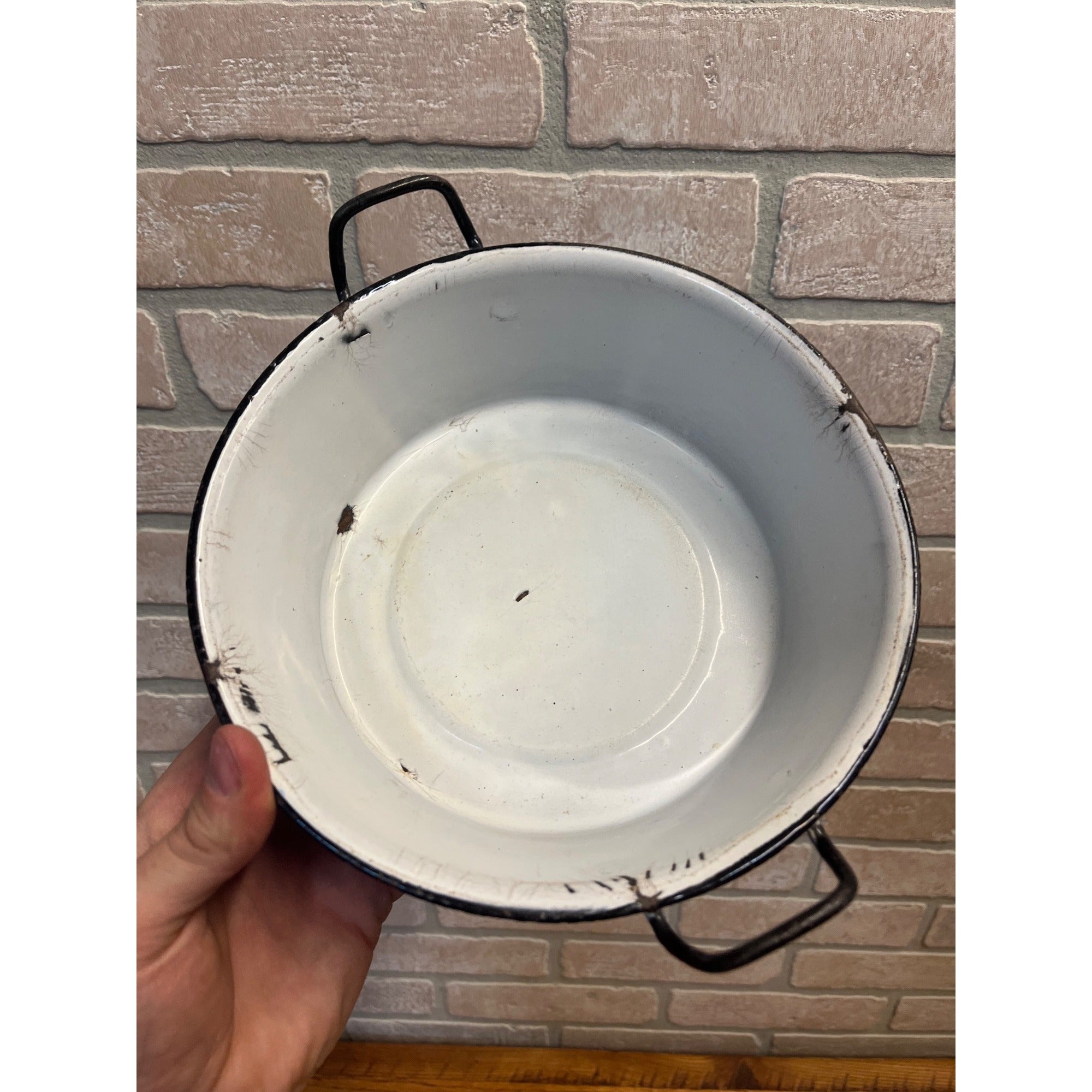 Antique Primitive Blue & White Swirl Enamelware Bowl Double Handle Farmhouse Decor