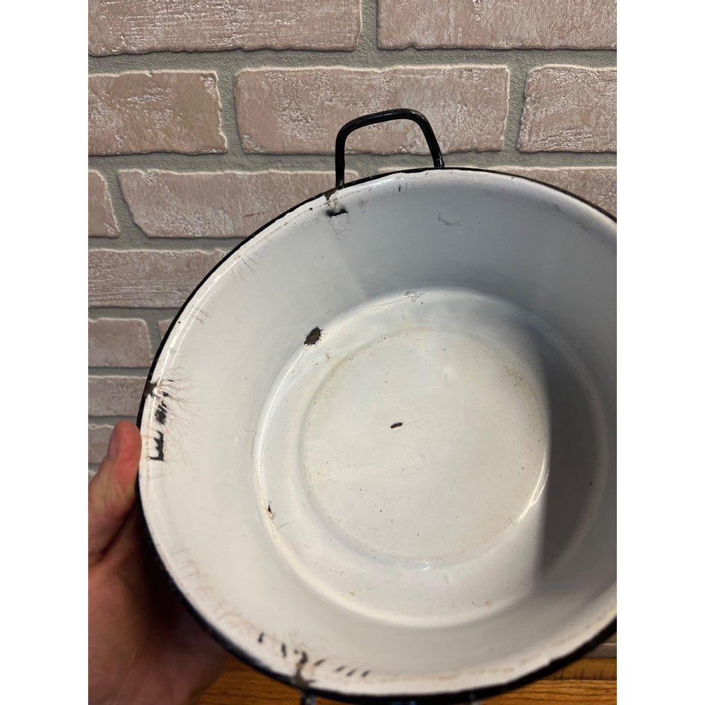 Antique Primitive Blue & White Swirl Enamelware Bowl Double Handle Farmhouse Decor