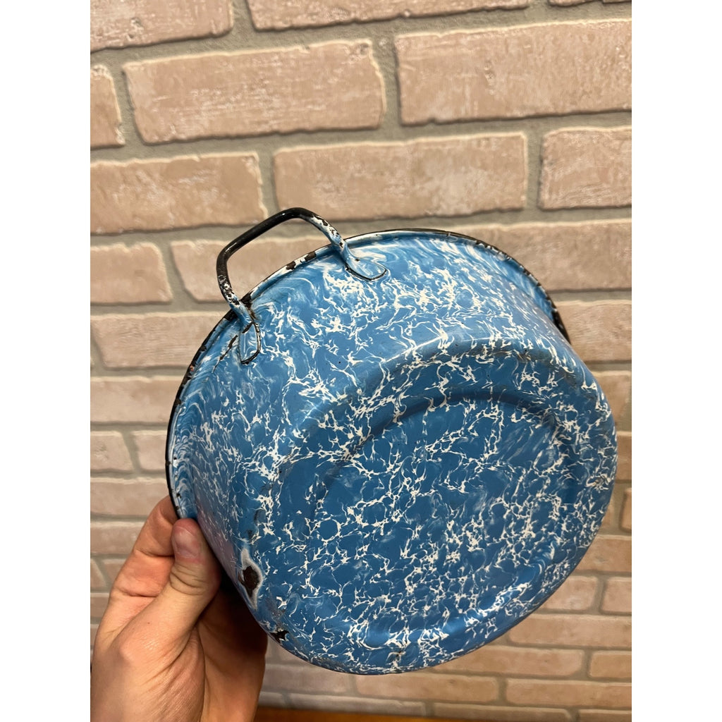 Antique Primitive Blue & White Swirl Enamelware Bowl Double Handle Farmhouse Decor