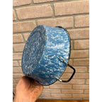 Antique Primitive Blue & White Swirl Enamelware Bowl Double Handle Farmhouse Decor