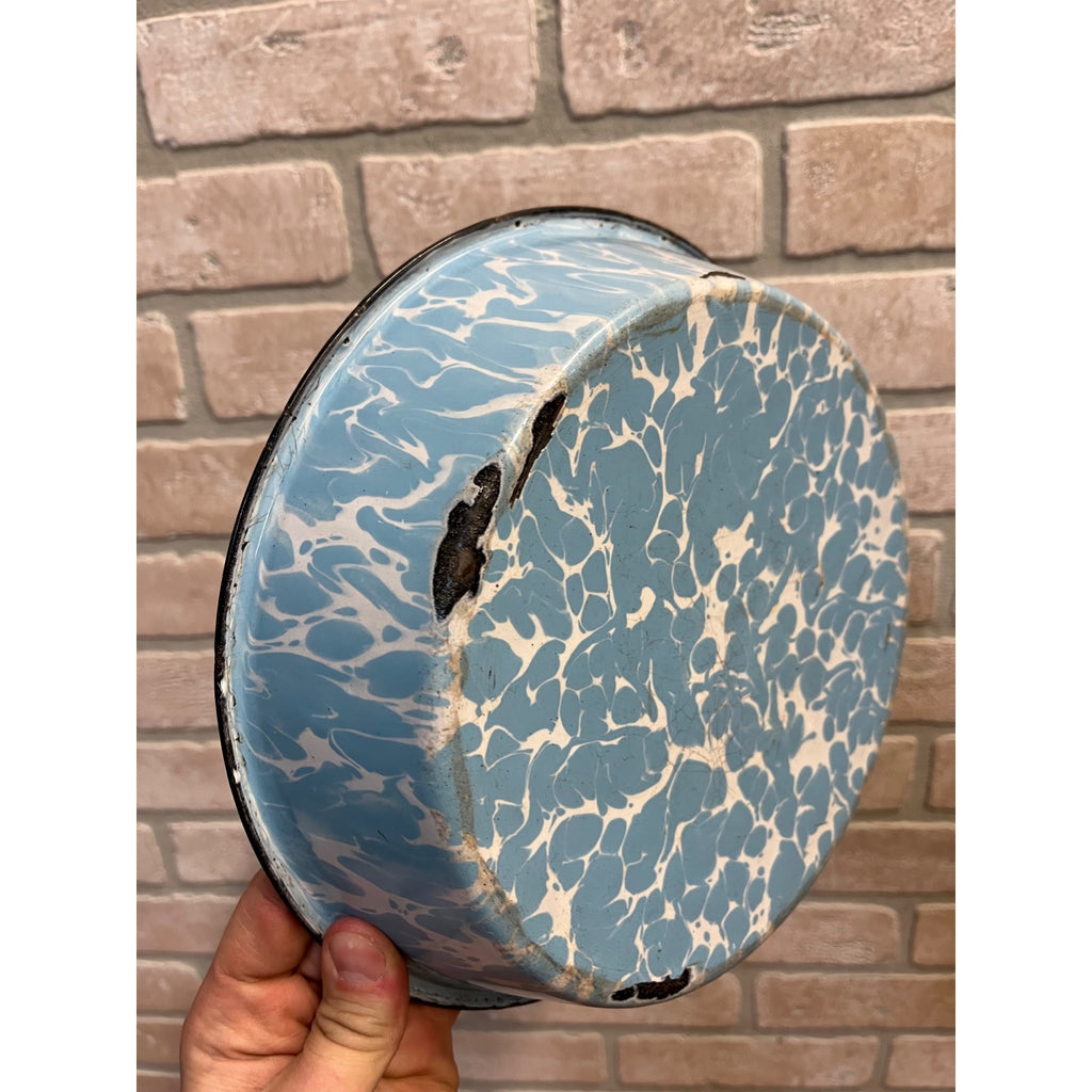 Antique Primitive Blue & White Swirl Enamelware Shallow Bowl Farmhouse Kitchen Decor