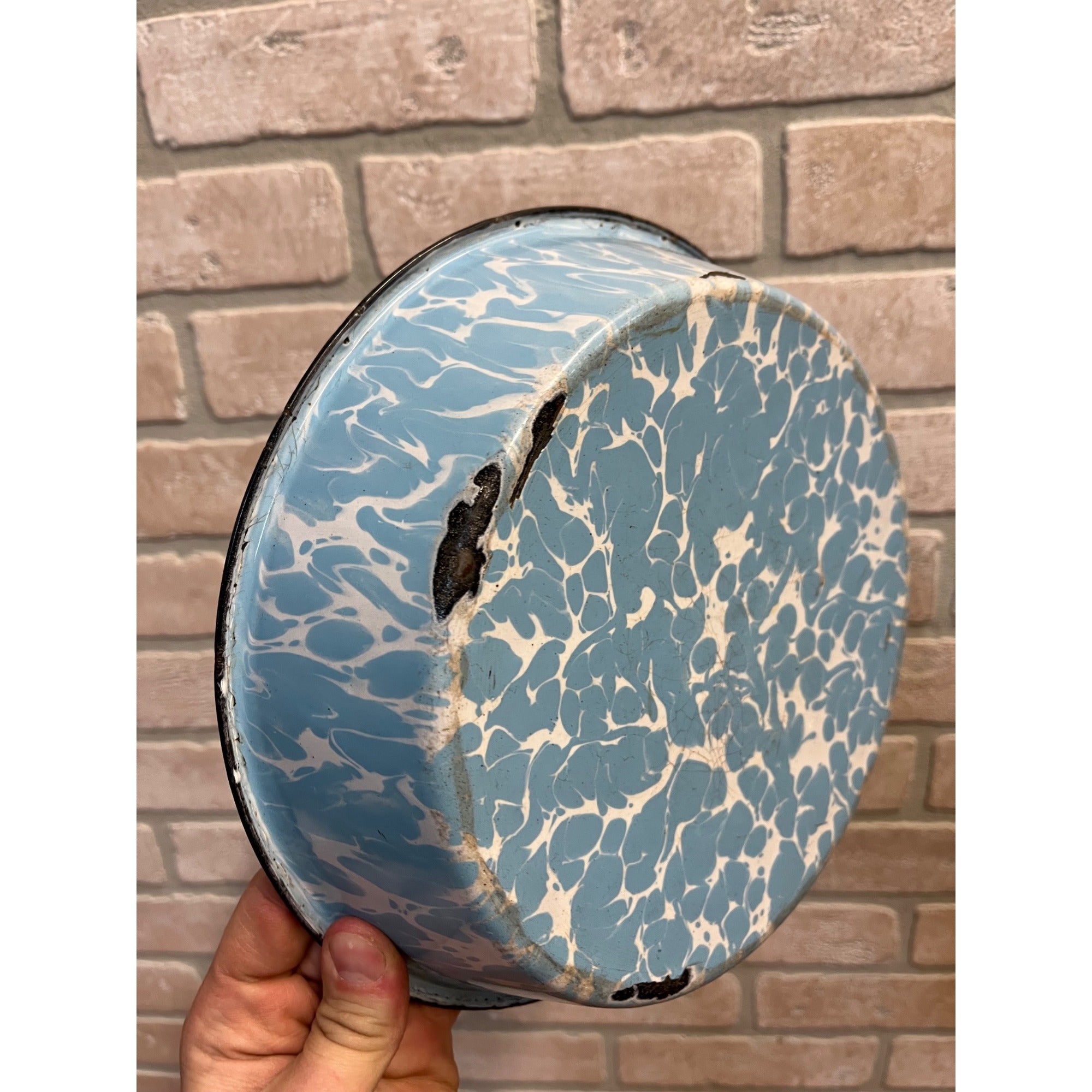 Antique Primitive Blue & White Swirl Enamelware Shallow Bowl Farmhouse Kitchen Decor