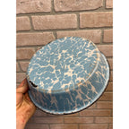 Antique Primitive Blue & White Swirl Enamelware Shallow Bowl Farmhouse Kitchen Decor