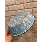 Antique Primitive Blue & White Swirl Enamelware Shallow Bowl Farmhouse Kitchen Decor
