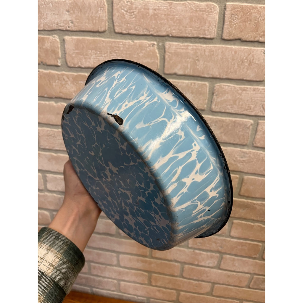 Antique Primitive Blue & White Swirl Enamelware Shallow Bowl Farmhouse Kitchen Decor